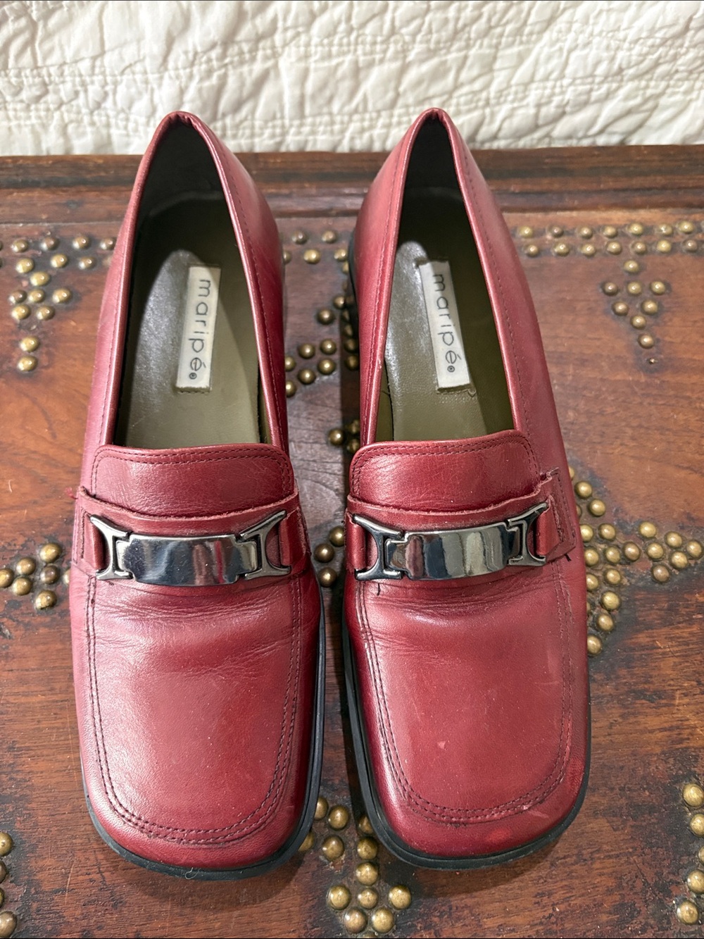 Maripe Red Leather Loafers with Silver Accent